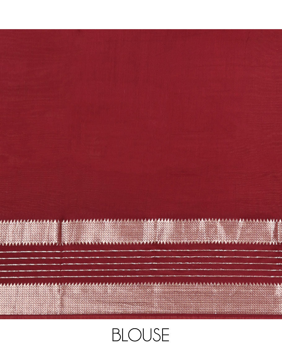 Peach Plain Assam Silk Saree, Complemented by a Contrast Traditional Zari Border, Zari-Striped Pallu, and a Contrast Blouse