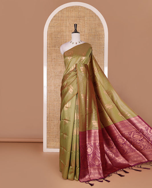 Borderless green stripes and zari floral buttas elite soft silk saree, contrast ogee patterned zari pallu, and contrast zari design blouse