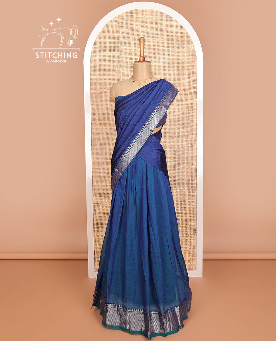 Ink Blue cotton half saree with contrast traditional zari design border, zari design blouse & plain, zari design border dhavani