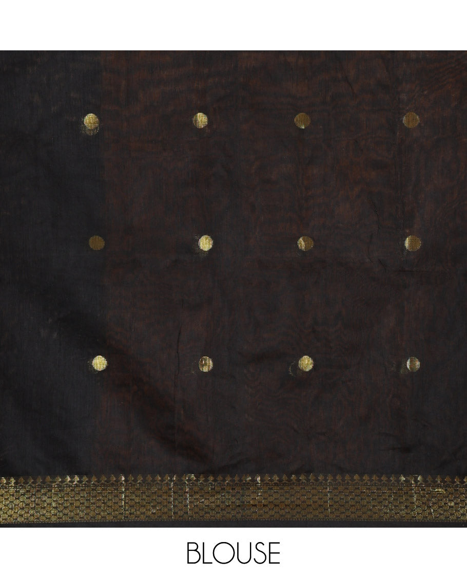 Mustard Maheshwari Cotton Saree,  Flower Buttas All Over Its Body, Highlighted by Zari Border, Pallu of Contrast Floral Buttas, and a Contrast Blouse