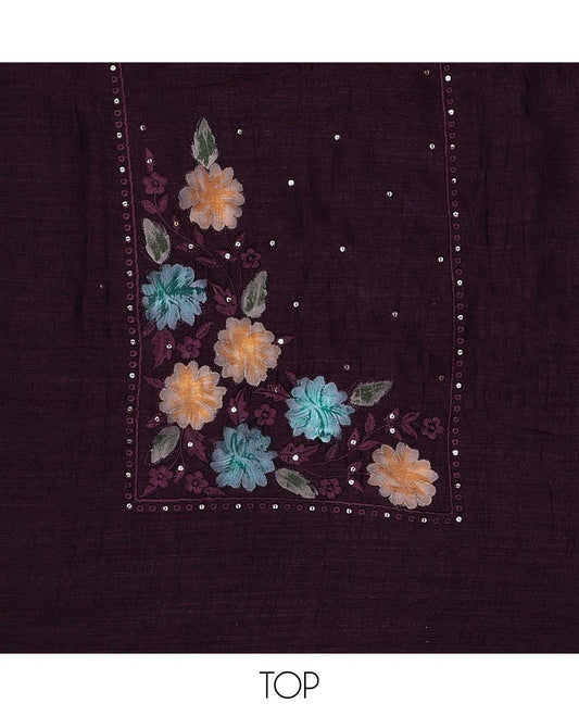 Violet chudidhar material set floral thread embroidered top with plain bottom & floral design dupatta
