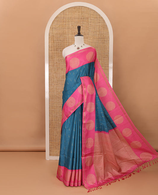 Blue horizontal stripes & muniya buttas katan silk saree, contrast chakram butta border, weaving-style print pallu & contrast print blouse