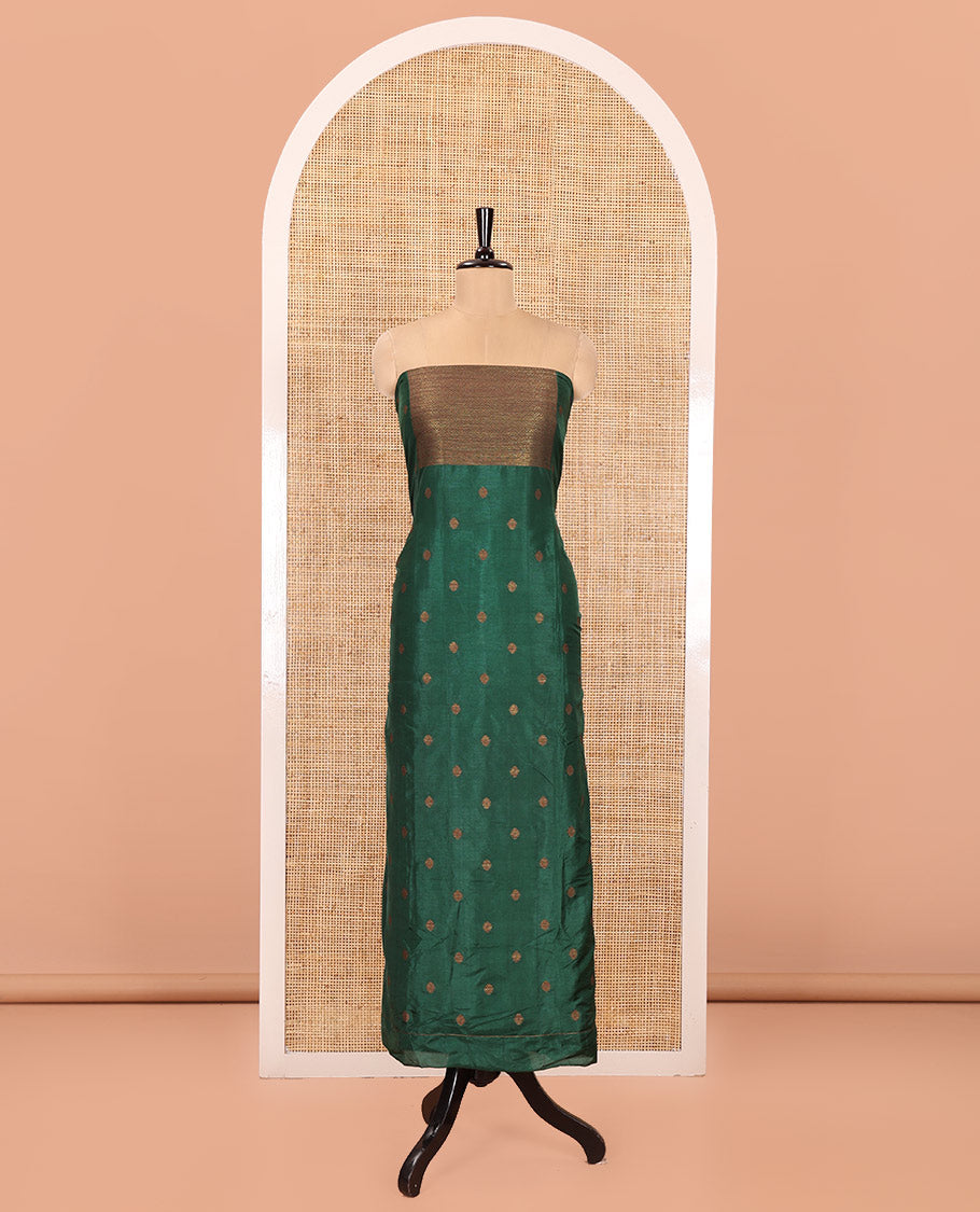 Green Material Churidar Set, Adorned with Zari Buttas Woven on Its Semi-Silk Top, Comes with a Plain Santoon Bottom, and a Semi-Silk Floral Jaal Zari Jacquard Dupatta
