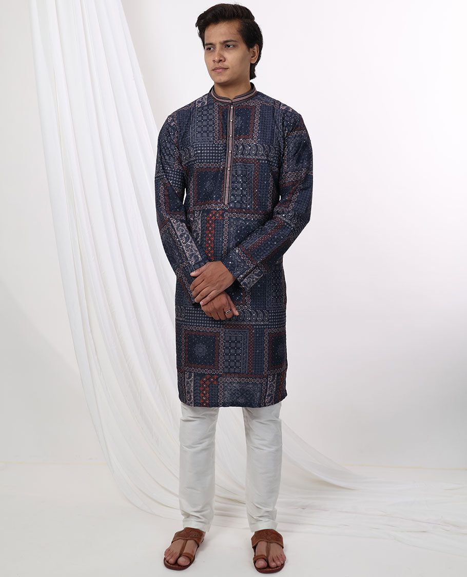 Blue floral design with mirror work mandarin collar & full-sleeve long raw silk kurta