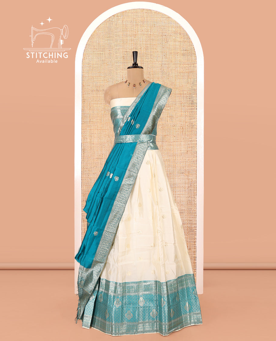 Cream-Rama Semi-Banarasi Half-Saree Set Featuring Buttas Skirt, Contrast Traditional Border, Matching Blouse, and Banaras Dhavani