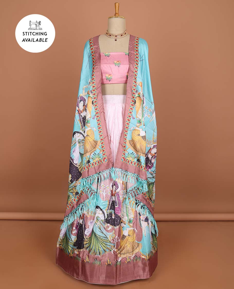 Pink human design half saree with contrast border, unique design blouse & human design dhavani