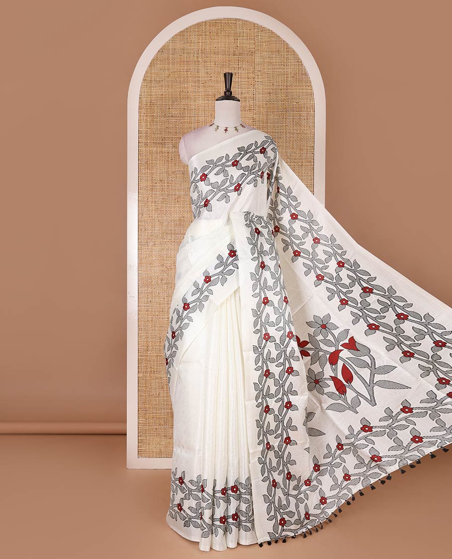 Cream-black full-plain khadi cotton saree, double-sided floral vine printed border, floral printed border, and drop butta printed blouse