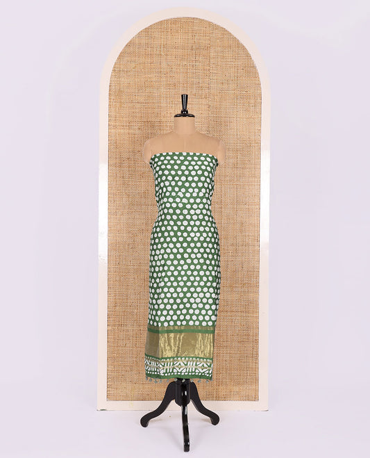 Green material chudidar set, polka dots batik printed modal chanderi top, batik motifs printed bottom, and a batik motifs printed modal chanderi dupatta