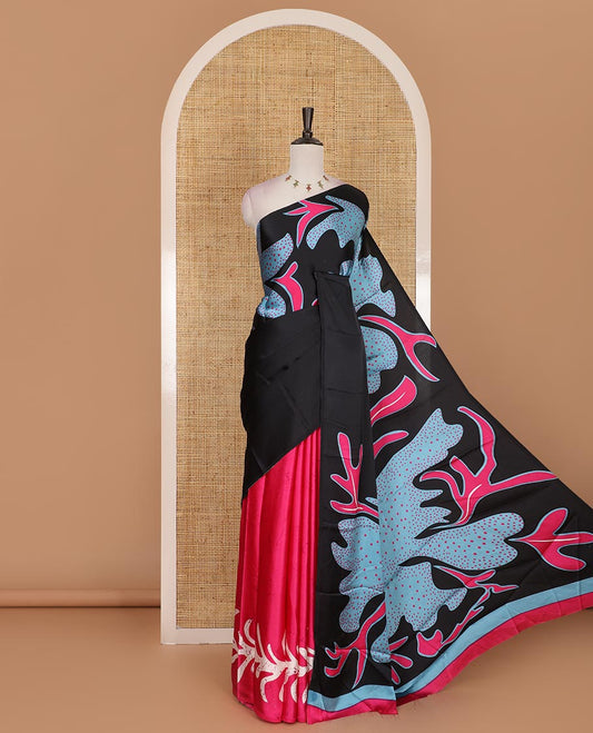 Borderless pink abstract style vines batik printed Gajji silk saree, printed pallu, and plain blouse