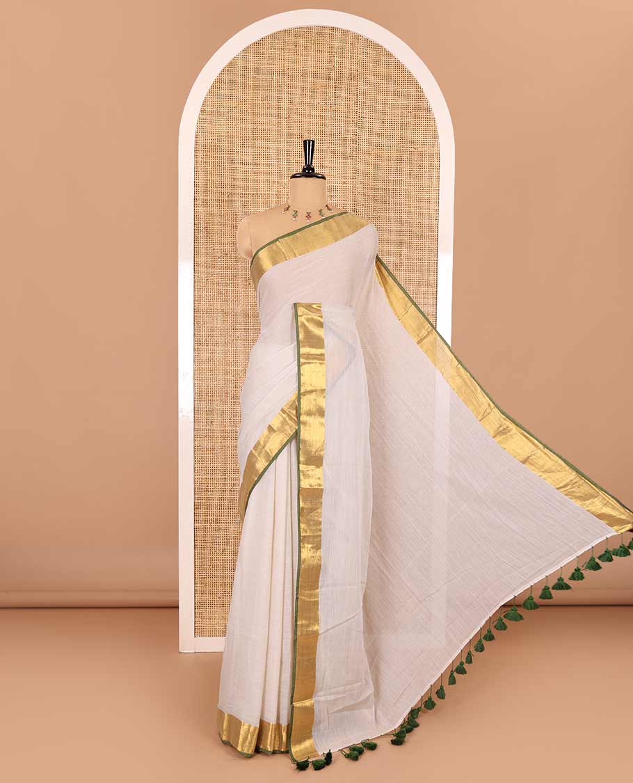 Cream plain khadi mul cotton saree, contrast gold zari bavanji border, self-pallu, and a plain blouse