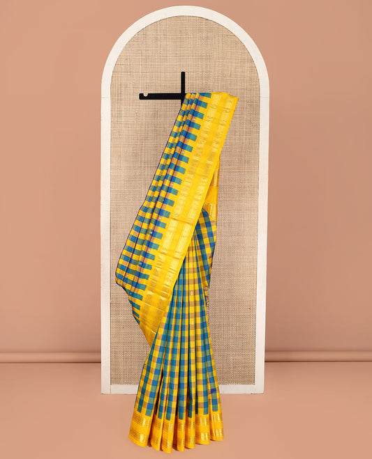 Multi-Color Kanchipuram Silk Saree, Detailed with Palum Pazhamum Checks, Complemented by a Contrast One-Sided Korvai Border of Banaras, and Diamond Designs, Pallu of Zari Designs, and Comes Without a Blouse