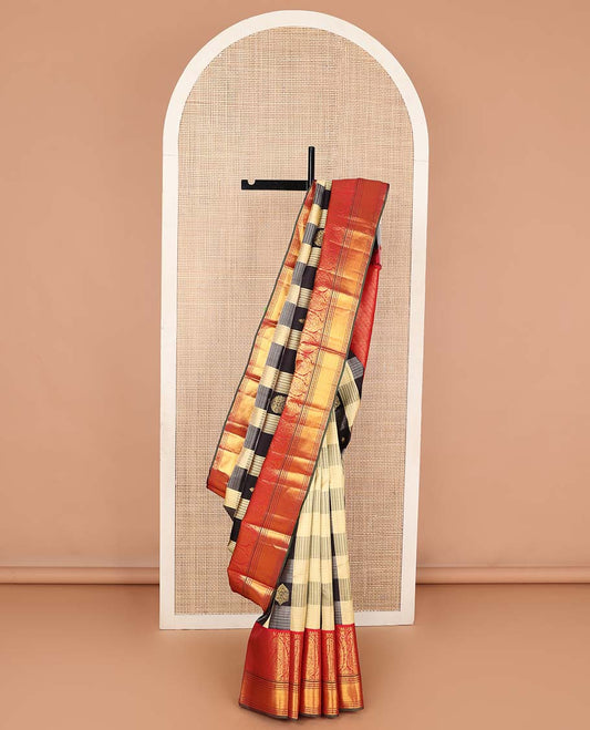 Multi-color checked and zari buttas Kanchipuram korvai silk saree, contrast neer korvai border of rekku, arumbu manga, banaras, poun, and kathir designs, and kathir pallu