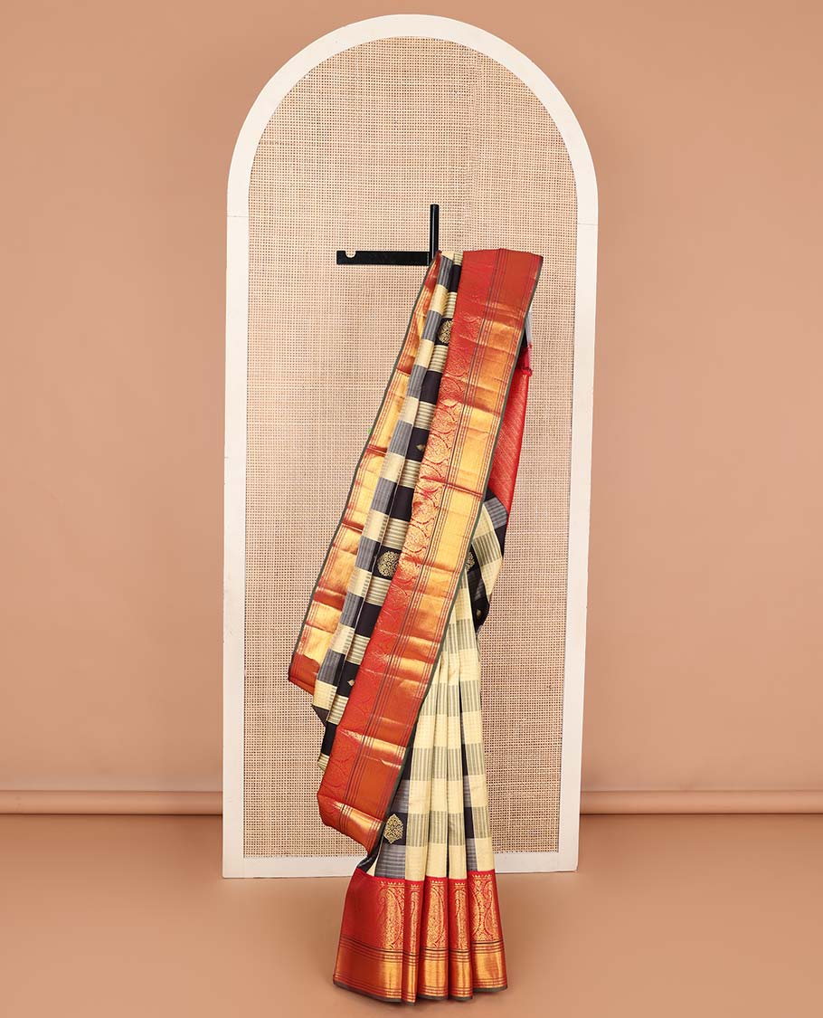 Multi-color checked and zari buttas Kanchipuram korvai silk saree, contrast neer korvai border of rekku, arumbu manga, banaras, poun, and kathir designs, and kathir pallu