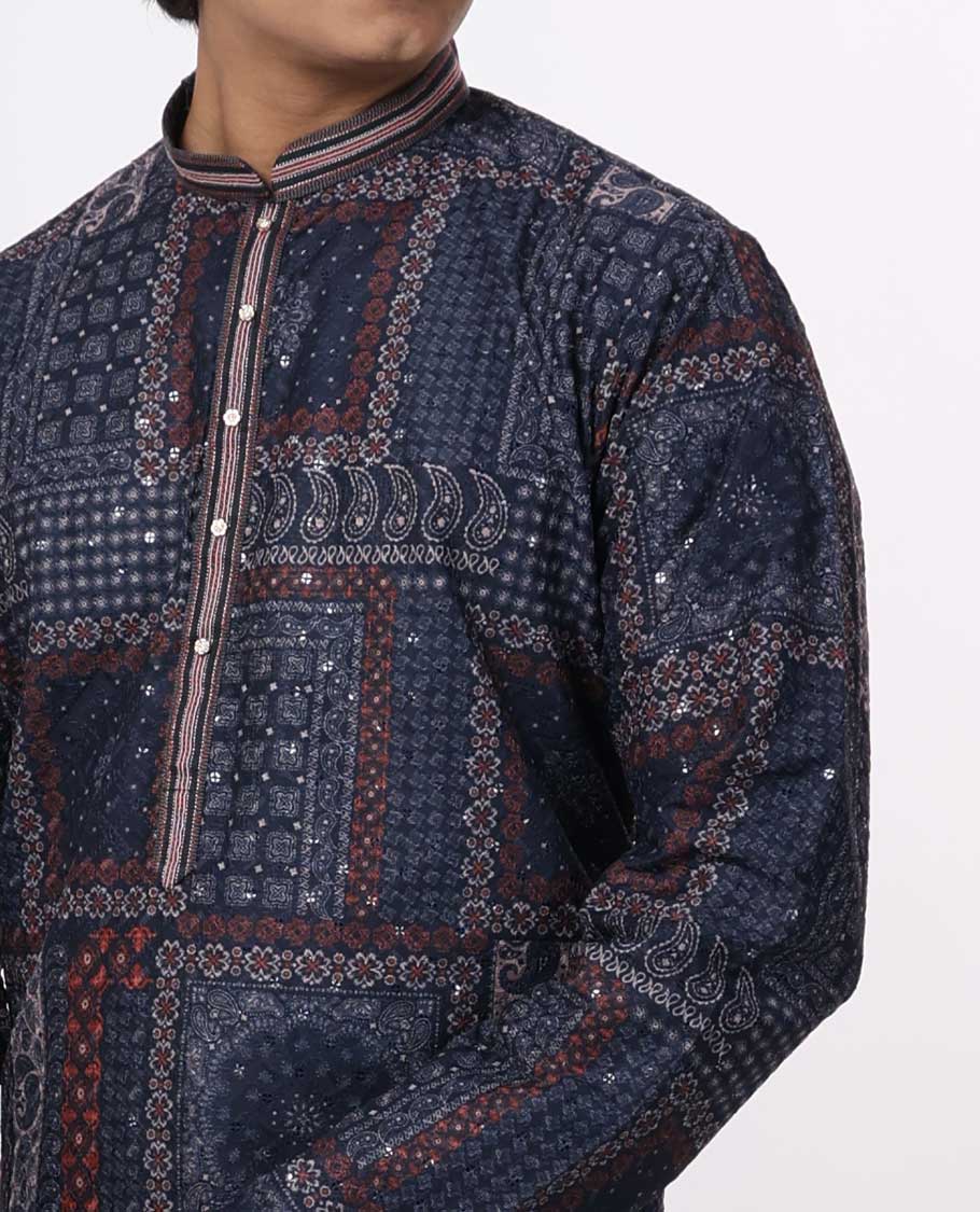 Blue floral design with mirror work mandarin collar & full-sleeve long raw silk kurta