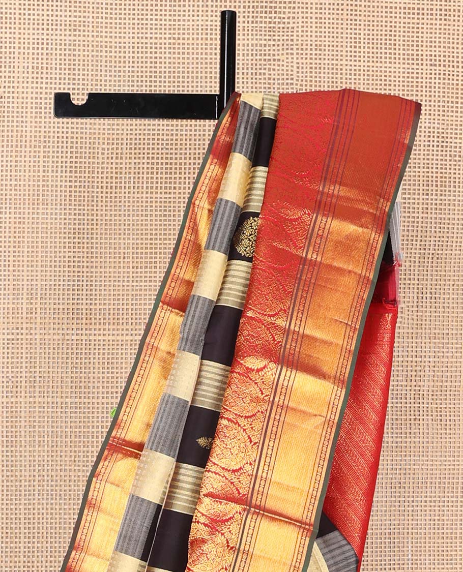 Multi-color checked and zari buttas Kanchipuram korvai silk saree, contrast neer korvai border of rekku, arumbu manga, banaras, poun, and kathir designs, and kathir pallu