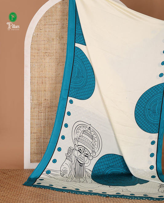 Cream printed semi-modal silk saree,  contrast blue border of kathakali motif enclosed semi-circle, kathakali printed pallu & printed blouse