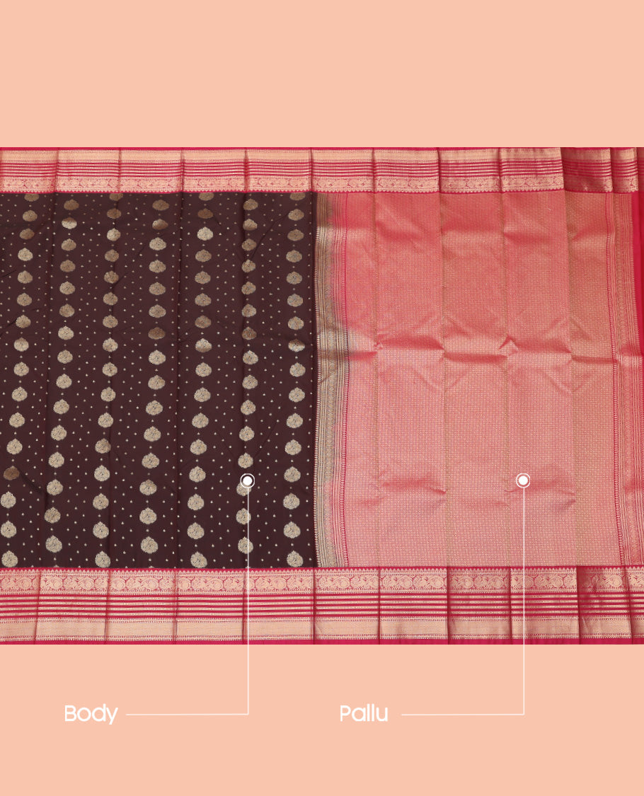 Brown Budget Silk Saree, Spotlighted with Zari Buttas, a Contrast Traditional Zari Border, Grand Pallu, and a Contrast Blouse