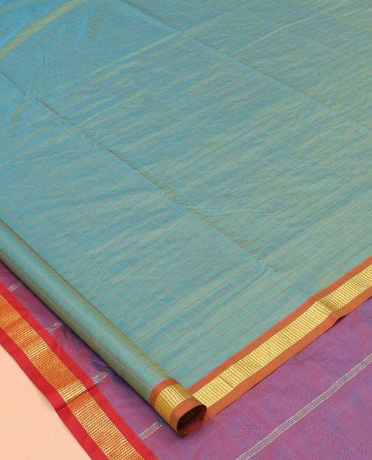 Blue Checked Nine-Yard Saree, Complemented by a Contrast Zari Traditional Border, Contrast Pallu of Stripes, and No Blouse