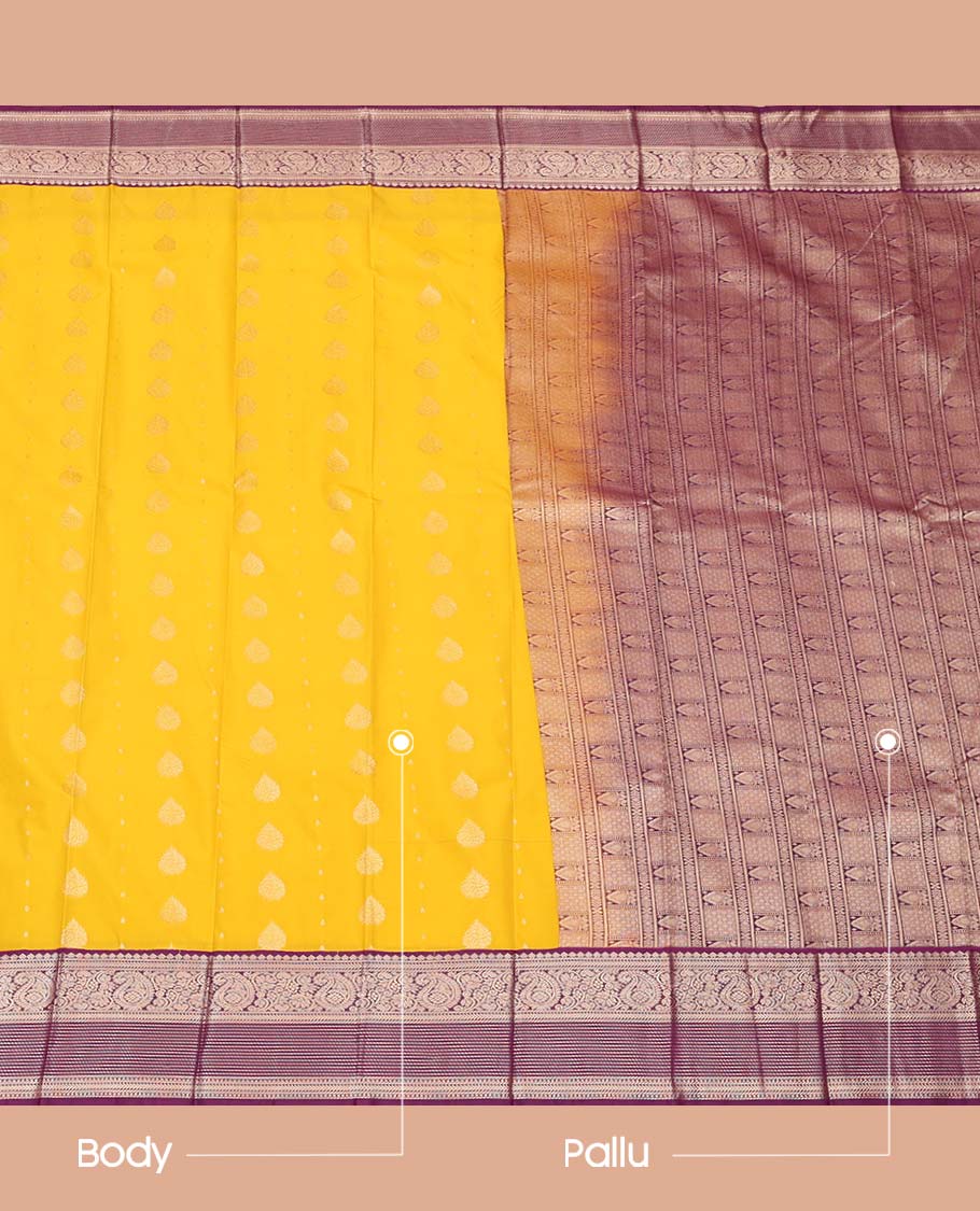 Yellow Budget Silk Saree, Featuring Zari Buttas All Over Its Body, Complemented by a Contrast Traditional Zari Design Border, Intricately Designed Pallu, and Paired with a Contrast Blouse