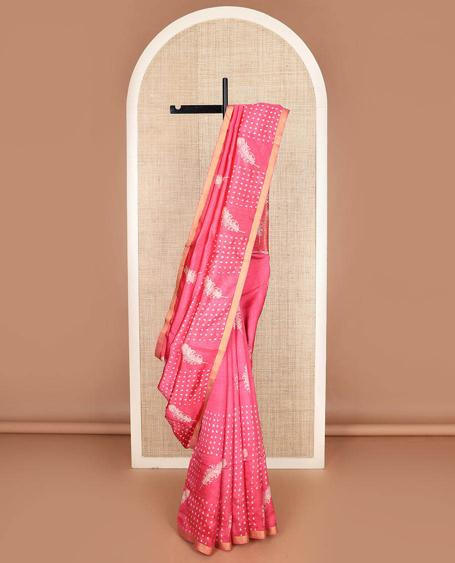 Pink feather motifs printed banana pith saree, zari with print work border, and printed pallu