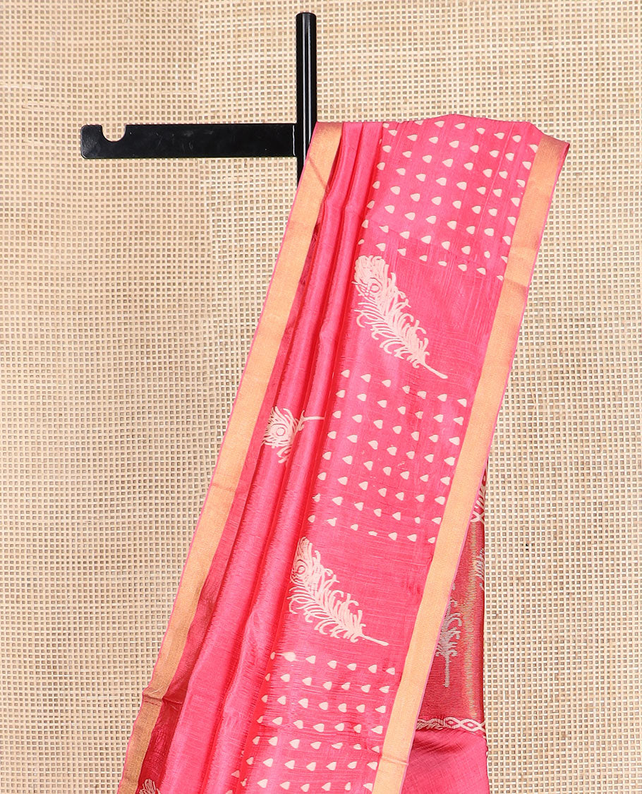 Pink feather motifs printed banana pith saree, zari with print work border, and printed pallu