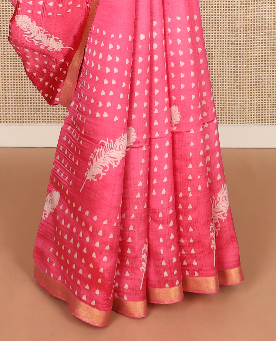 Pink feather motifs printed banana pith saree, zari with print work border, and printed pallu