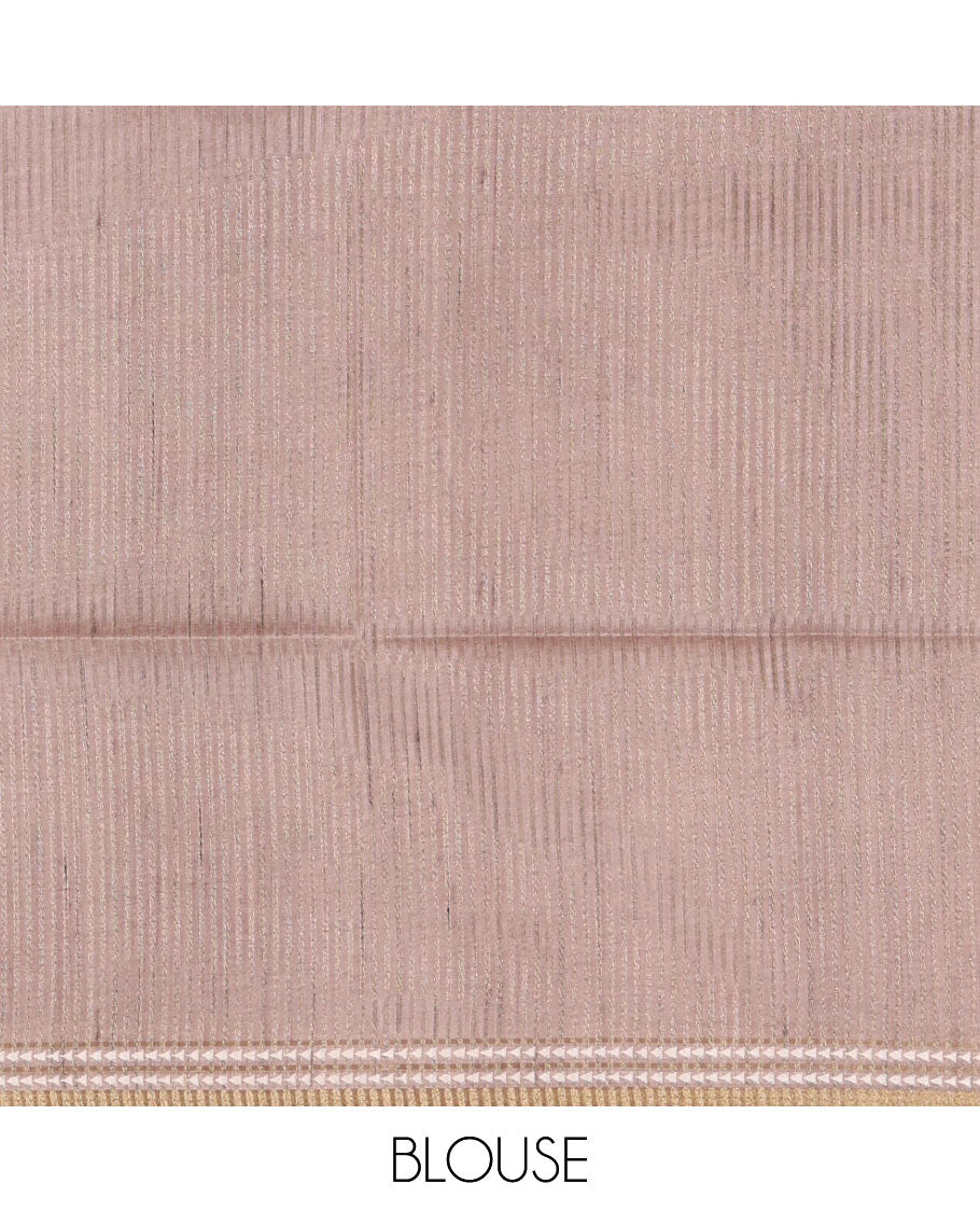 Pink abstract geometric printed semi-tussar saree, contrast thread triangle motifs border, striped pallu & contrast striped blouse