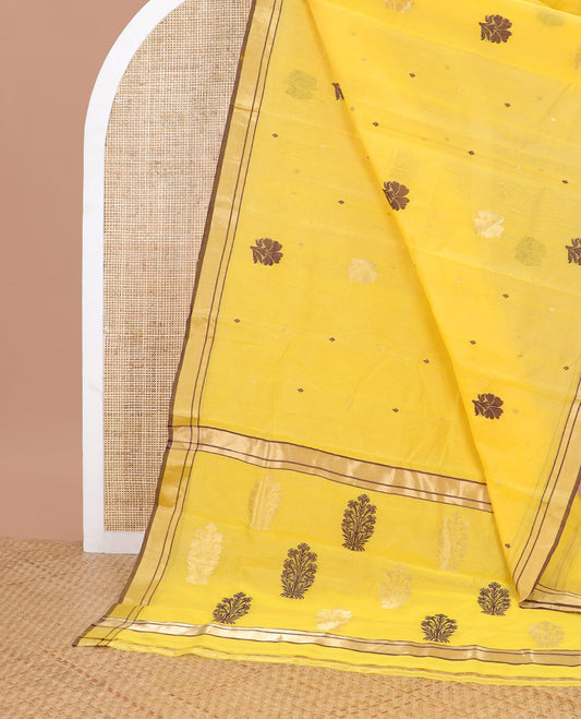 Yellow floral motifs chanderi cotton saree with contrast zari design border & striped, floral design pallu