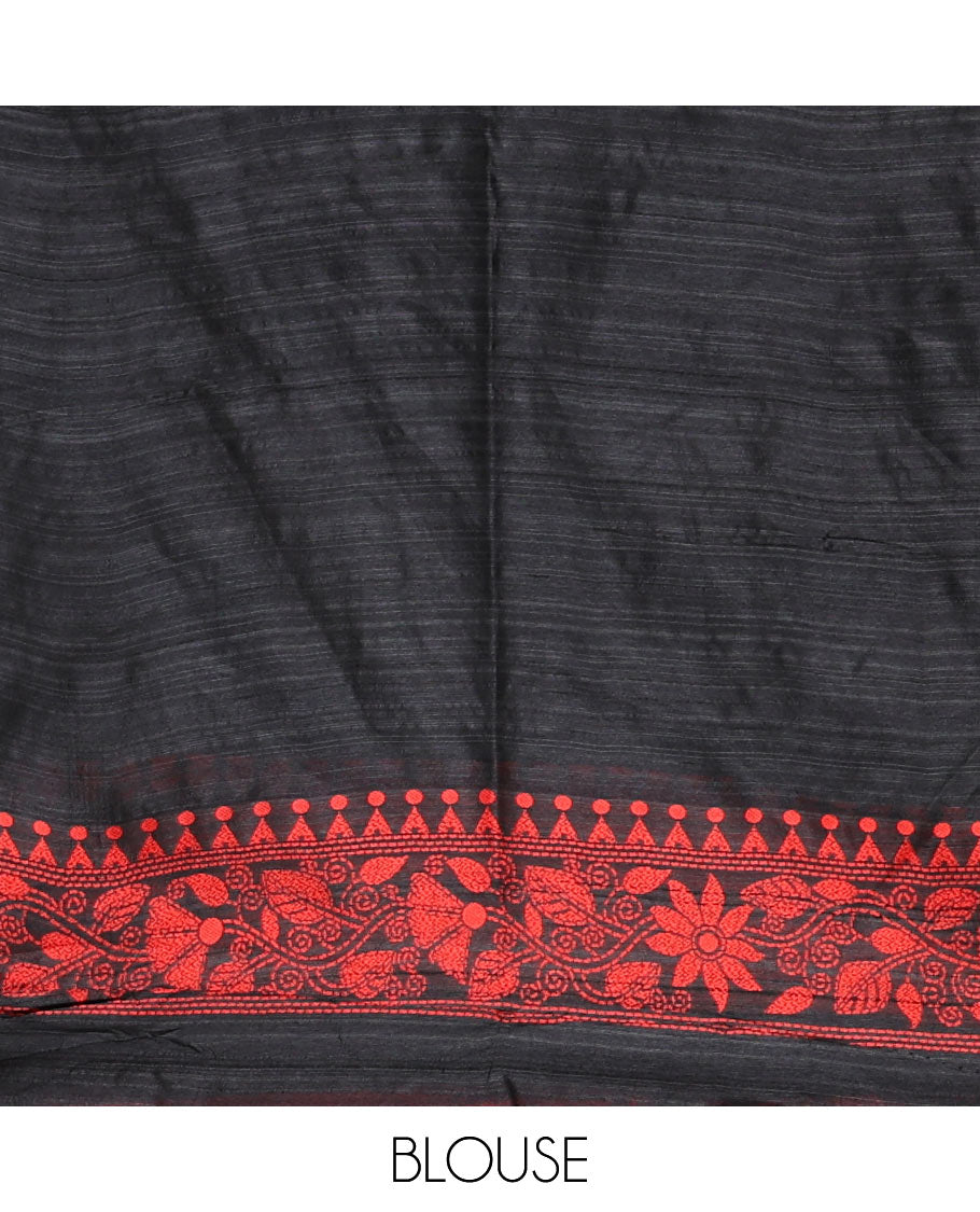 Black and red floral thread buttas woven jute cotton saree, floral thread weave border, floral-paisley weave pallu, and a matching blouse