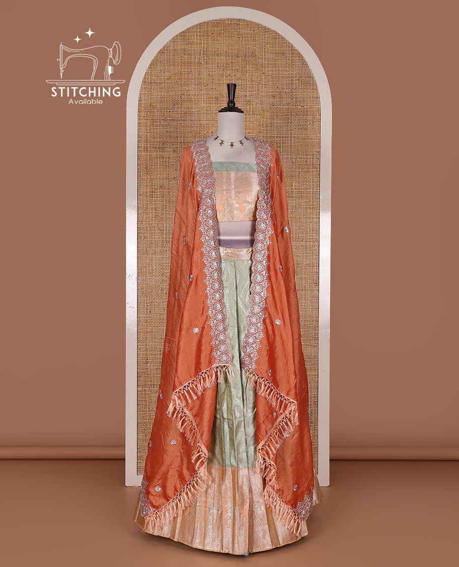 Pista-peach banaras tissue half saree, jacquard with contrast traditional zari bordered skirt, matching blouse, and Vichitra silk embroidered dhavani