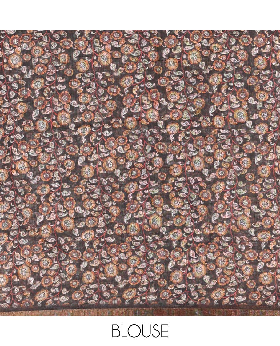 Olive argyle shibori printed linen cotton saree, contrast border, kalamkari floral vine printed pallu, and a contrast kalamkari printed blouse