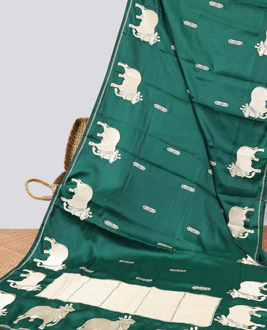 Green floral motifs semi-banaras tussar saree with self pichwai border & zari design pallu