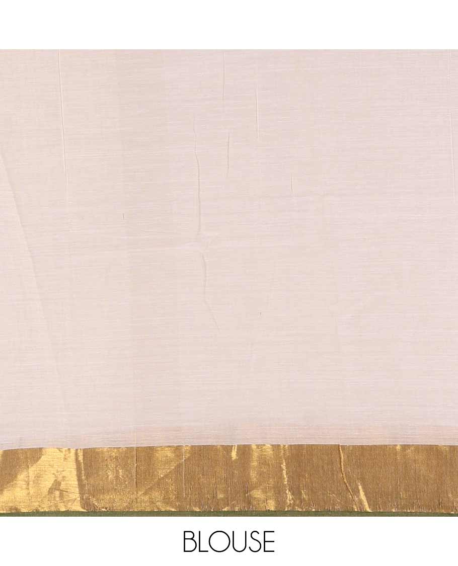 Cream plain khadi mul cotton saree, contrast gold zari bavanji border, self-pallu, and a plain blouse