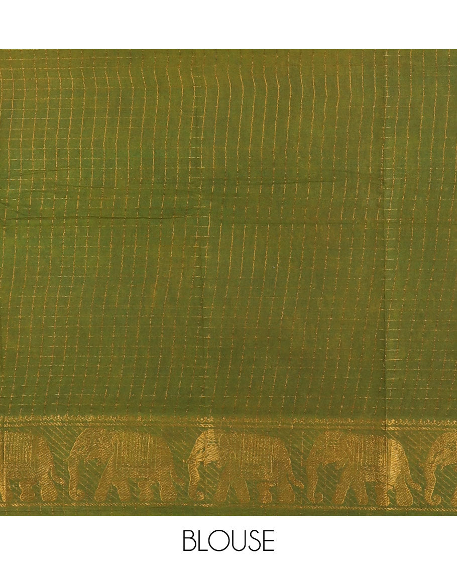 Blue zari checked Sungudi cotton saree, contrast elephant motif border, zari striped pallu, and contrast zari design blouse