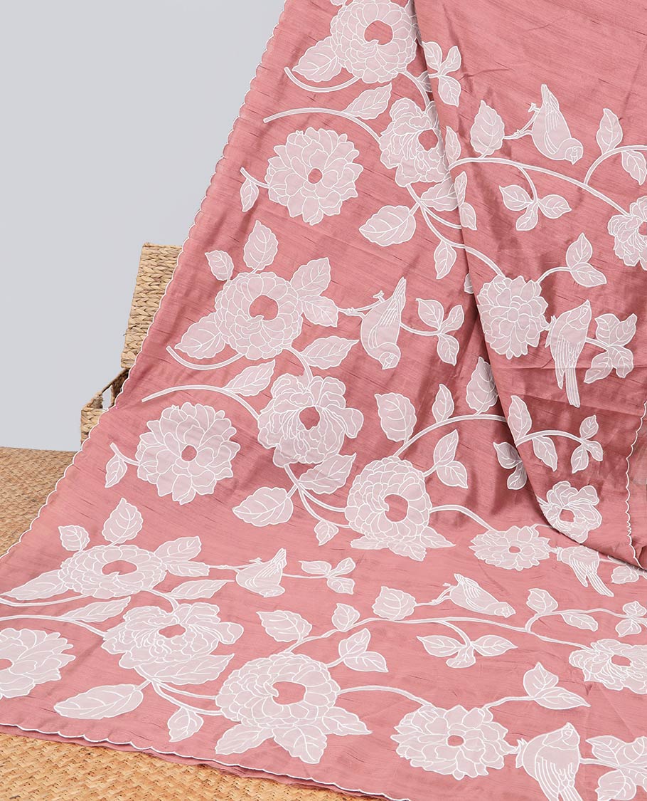 Red floral design semi-tussar saree with scallop border