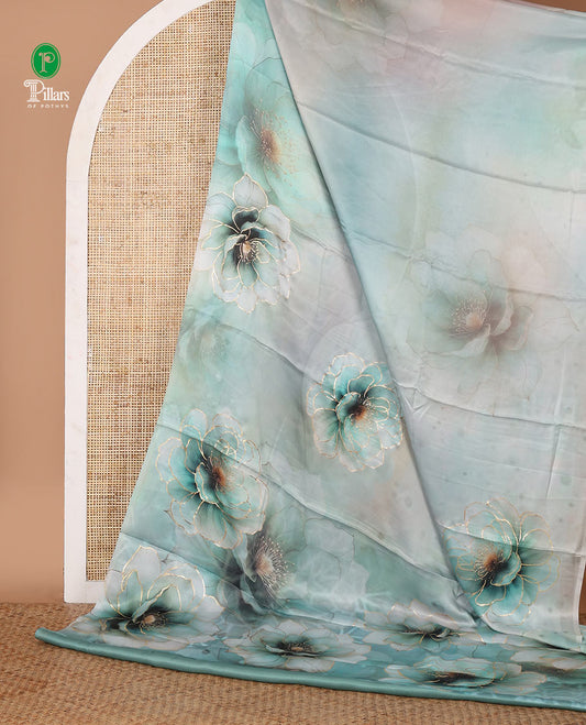 Borderless green abstract-style floral digital print with golden foil print satin silk saree, and foil printed blouse
