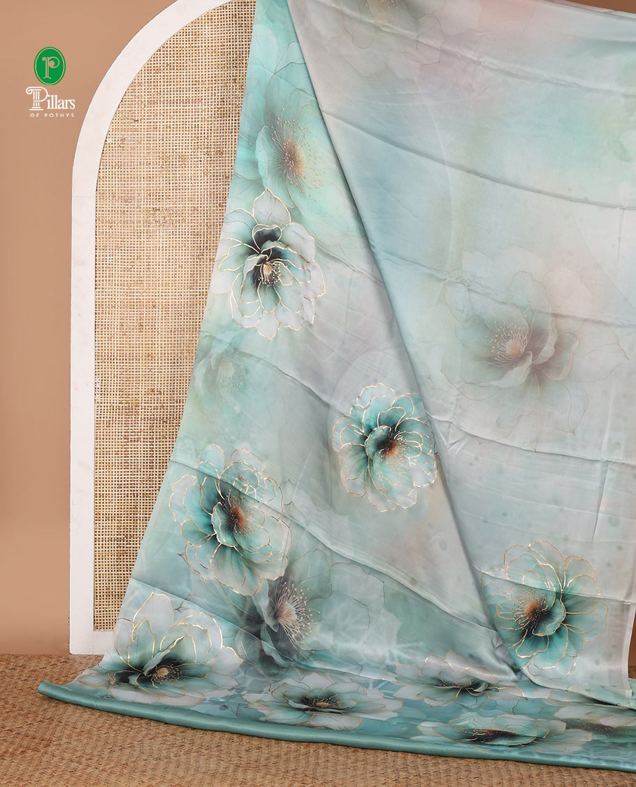 Borderless green abstract-style floral digital print with golden foil print satin silk saree, and foil printed blouse