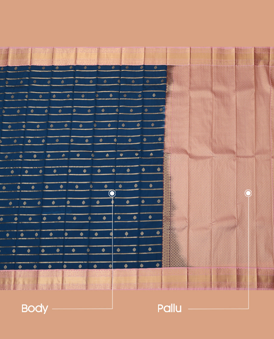 Blue Budget Silk Saree Showcasing Zari Buttas and Stripes, a Contrast Traditional Zari Border, Grand Pallu, and a Contrast Blouse