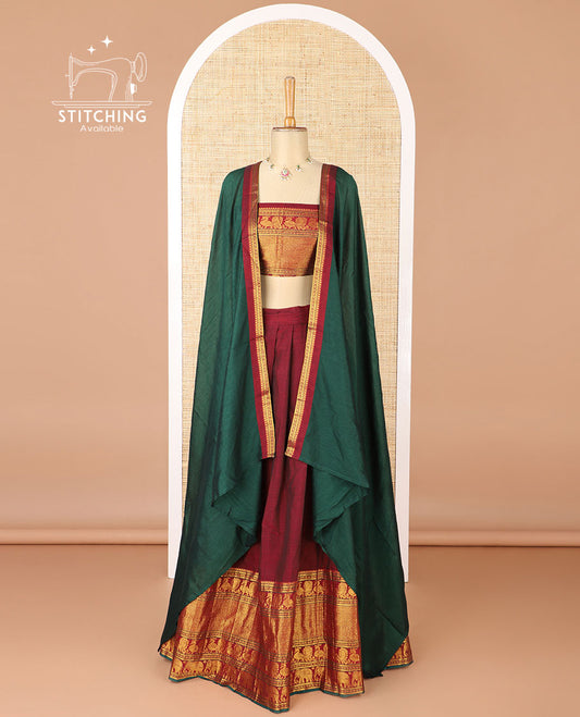 Maroon mercerised cotton daman zari border half saree with cotton blouse & skya georgette one side zari border dhavani