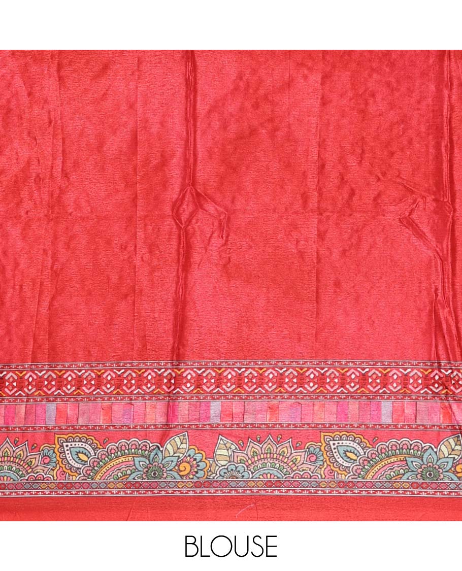 Red-base floral bandhani-theme printed & real mirror embroidery masakali saree, self-border, printed mirror work pallu & matching blouse