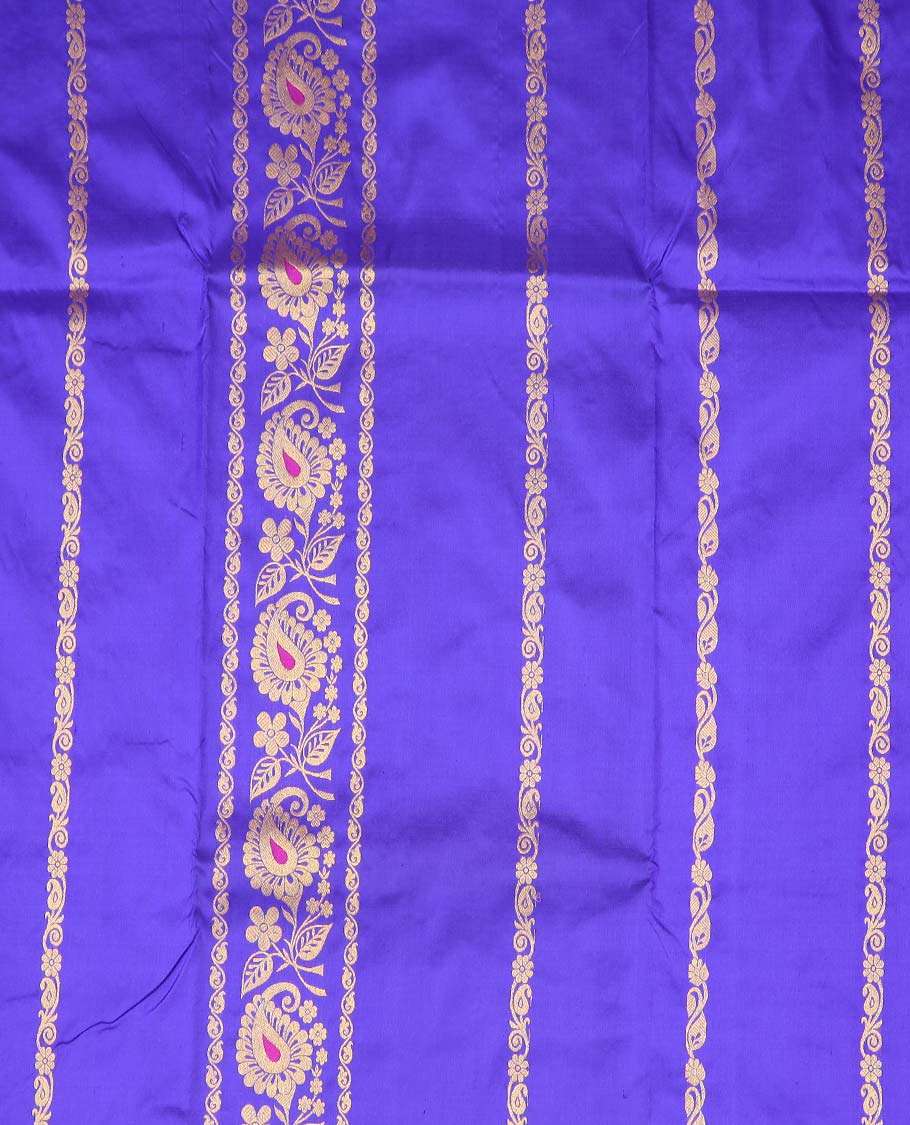 Blue floral design pure silk half saree with contrast zari border,  contrast zari design blouse & plain with zari border dhavani