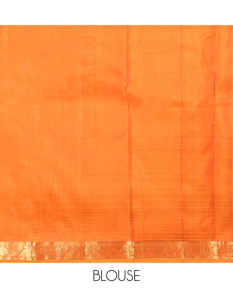 Orange tree buttas kancheepuram silk saree with contrast border of rekku, kodi visiry design & zari design pallu