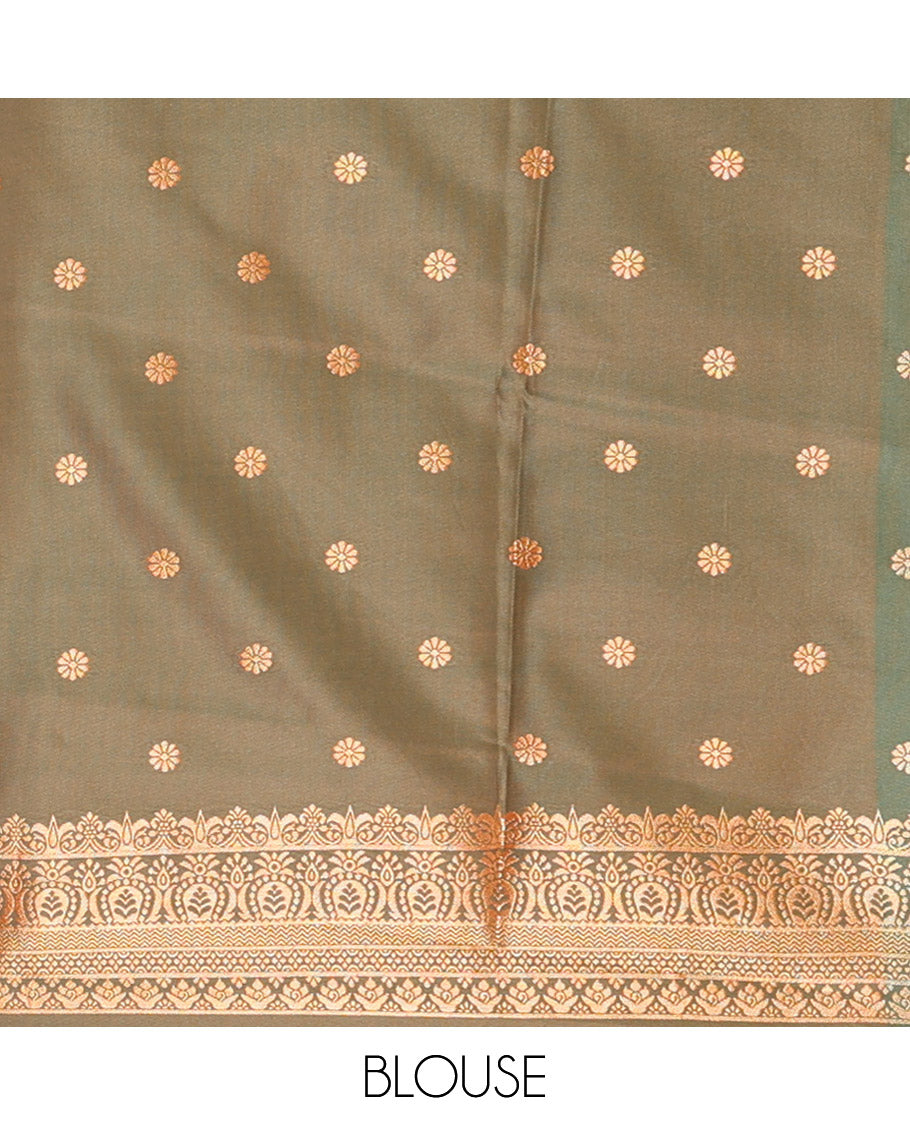 Orange zari buttas elite soft silk saree, contrast traditional zari border of Pichwai cow design, scallop pallu, and a contrast zari design blouse