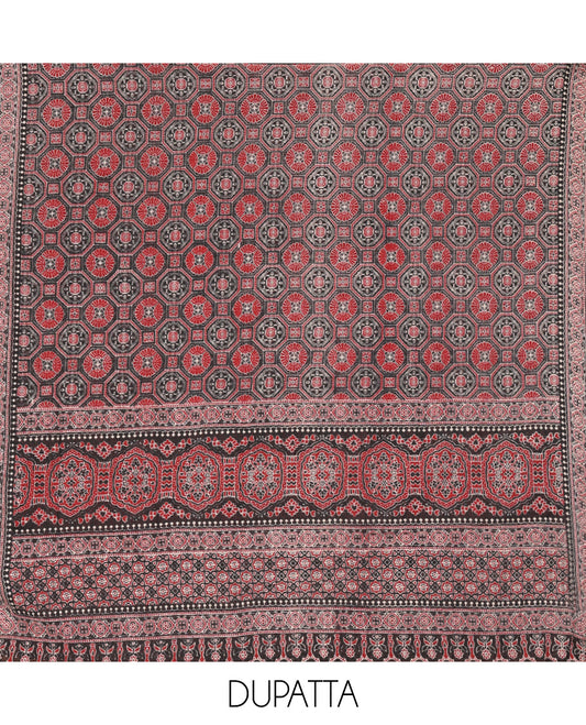 Cream-Black Cotton Hakoba Material Churidar Features Print and Ajrakh Neck Work Top, a Cotton Bottom, an Ajrakh Printed Dupatta
