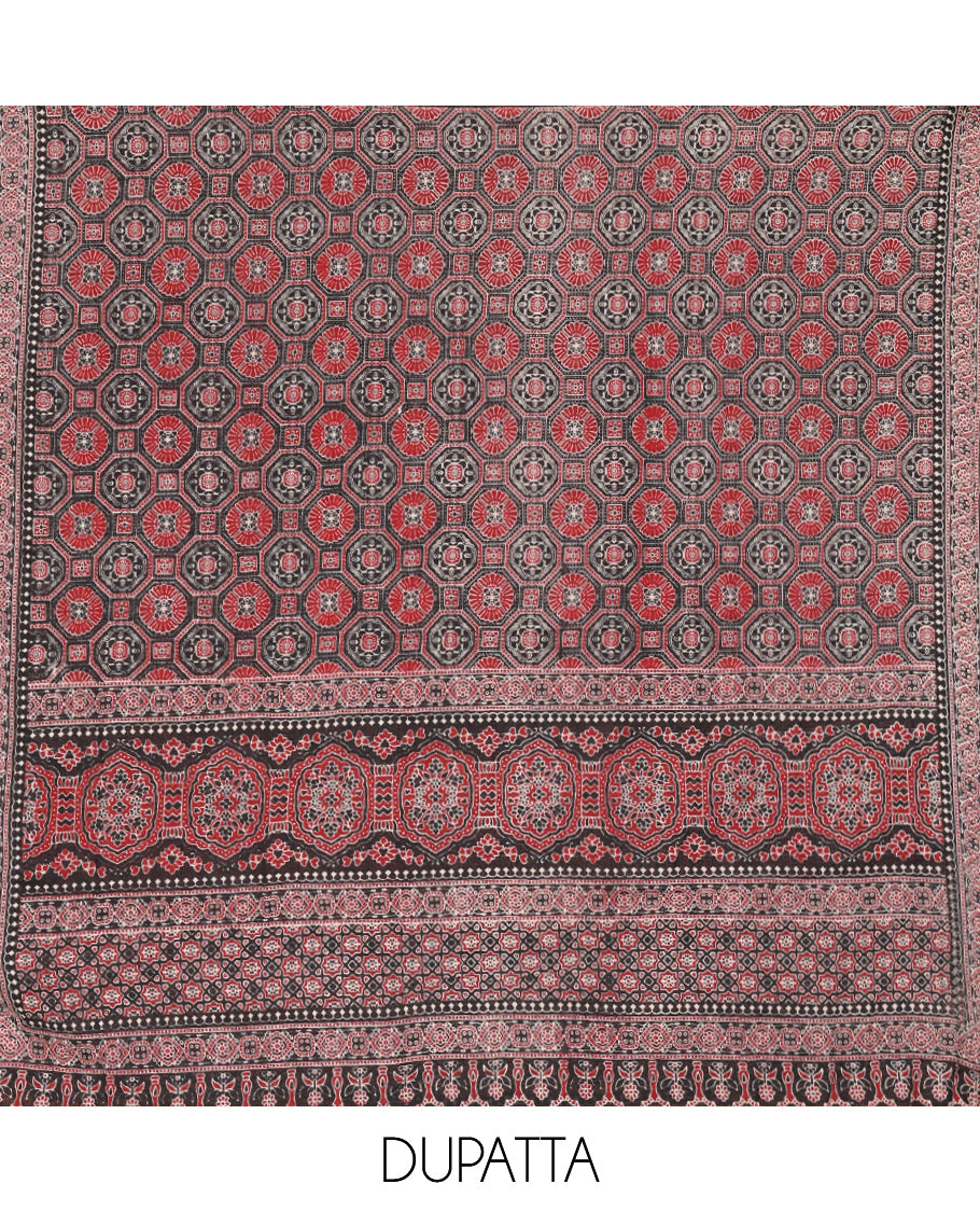 Cream-Black Cotton Hakoba Material Churidar Features Print and Ajrakh Neck Work Top, a Cotton Bottom, an Ajrakh Printed Dupatta