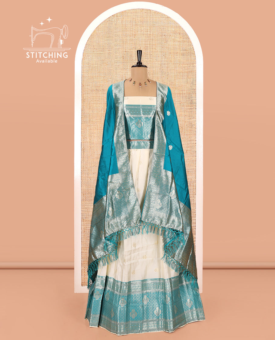 Cream-Rama Semi-Banarasi Half-Saree Set Featuring Buttas Skirt, Contrast Traditional Border, Matching Blouse, and Banaras Dhavani