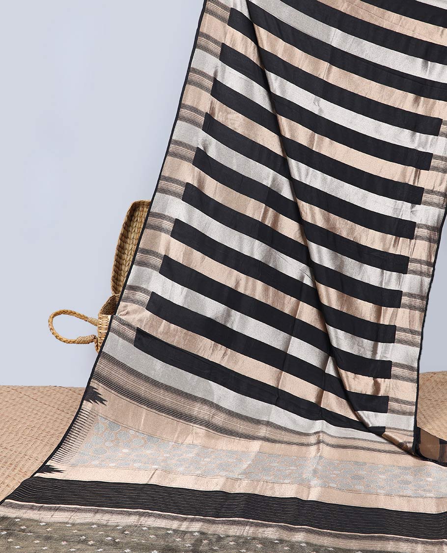Black striped semi-banaras dola silk saree with self zari border & intricate zari design pallu