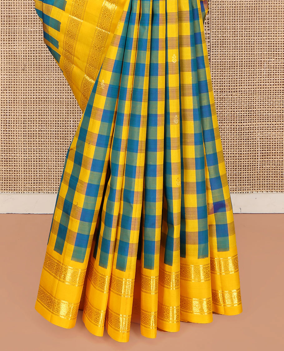 Multi-Color Kanchipuram Silk Saree, Detailed with Palum Pazhamum Checks, Complemented by a Contrast One-Sided Korvai Border of Banaras, and Diamond Designs, Pallu of Zari Designs, and Comes Without a Blouse