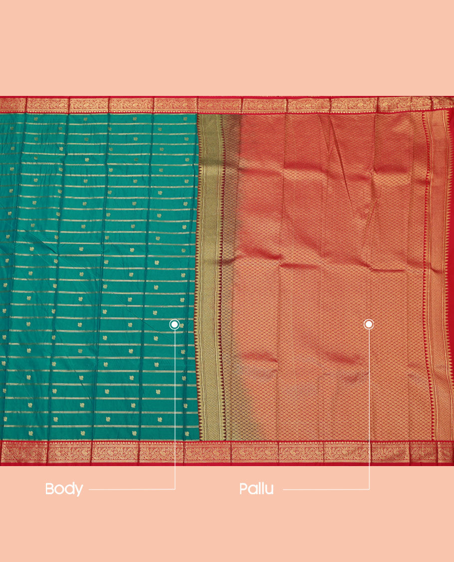 Peacock Color Budget Silk Saree, Woven with Zari Buttas and Zari Stripes on Its Body, Complemented by a Contrast Traditional Zari Design Border, Grand Jaal Pallu, and Paired with a Contrast Blouse