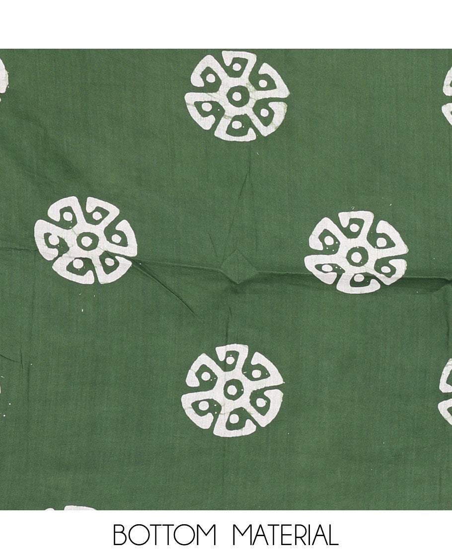 Green material chudidar set, polka dots batik printed modal chanderi top, batik motifs printed bottom, and a batik motifs printed modal chanderi dupatta